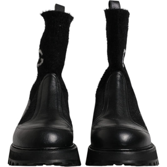 Dolce & Gabbana Black DG Logo Horse Sock Ankle Boots Shoes