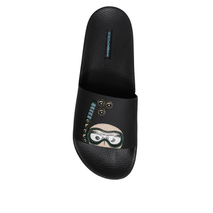 Dolce & Gabbana Black Divers Leather Flats Slides Sandals Beachwear Shoes