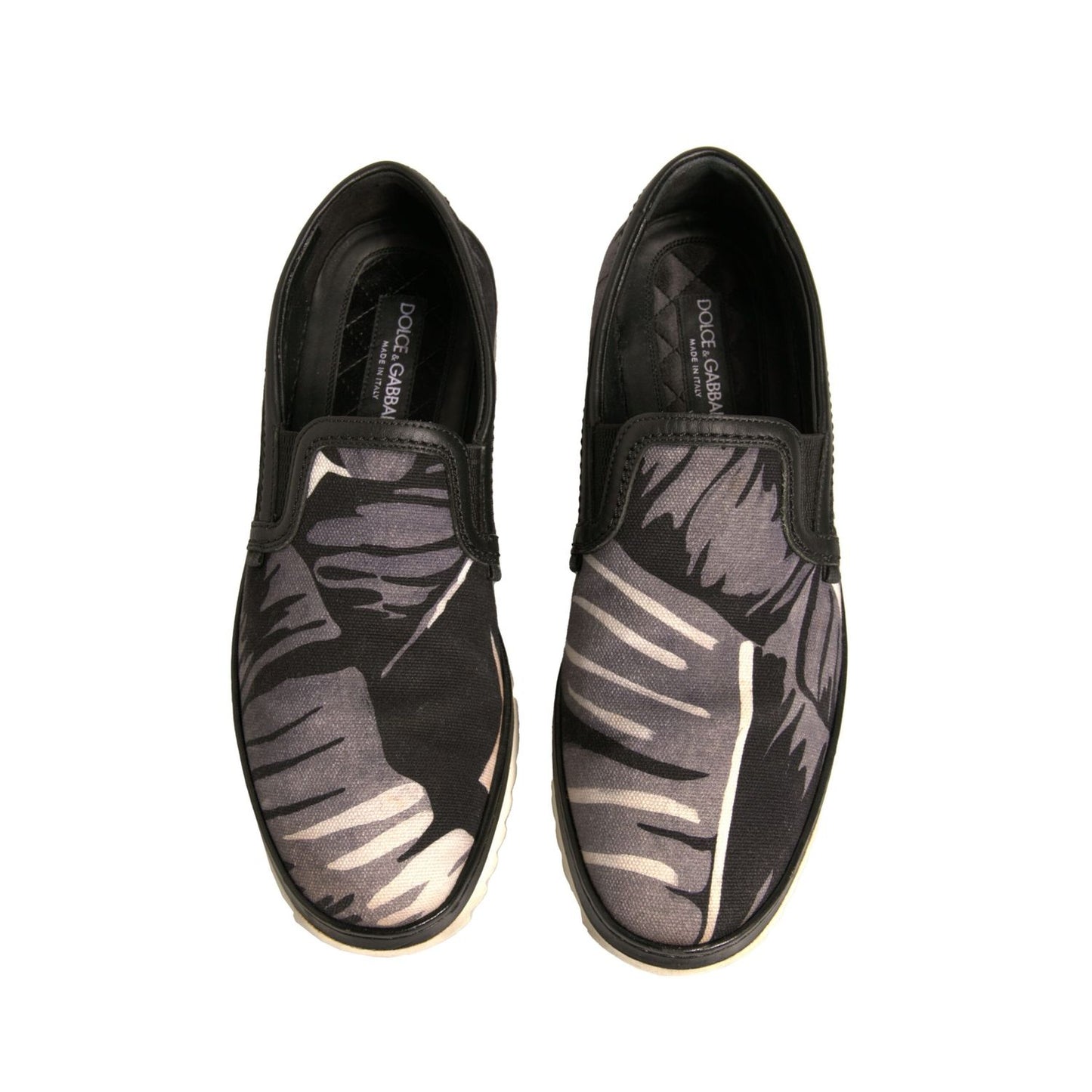 Dolce & Gabbana Black Canvas Tropical Print Slip On Shoes