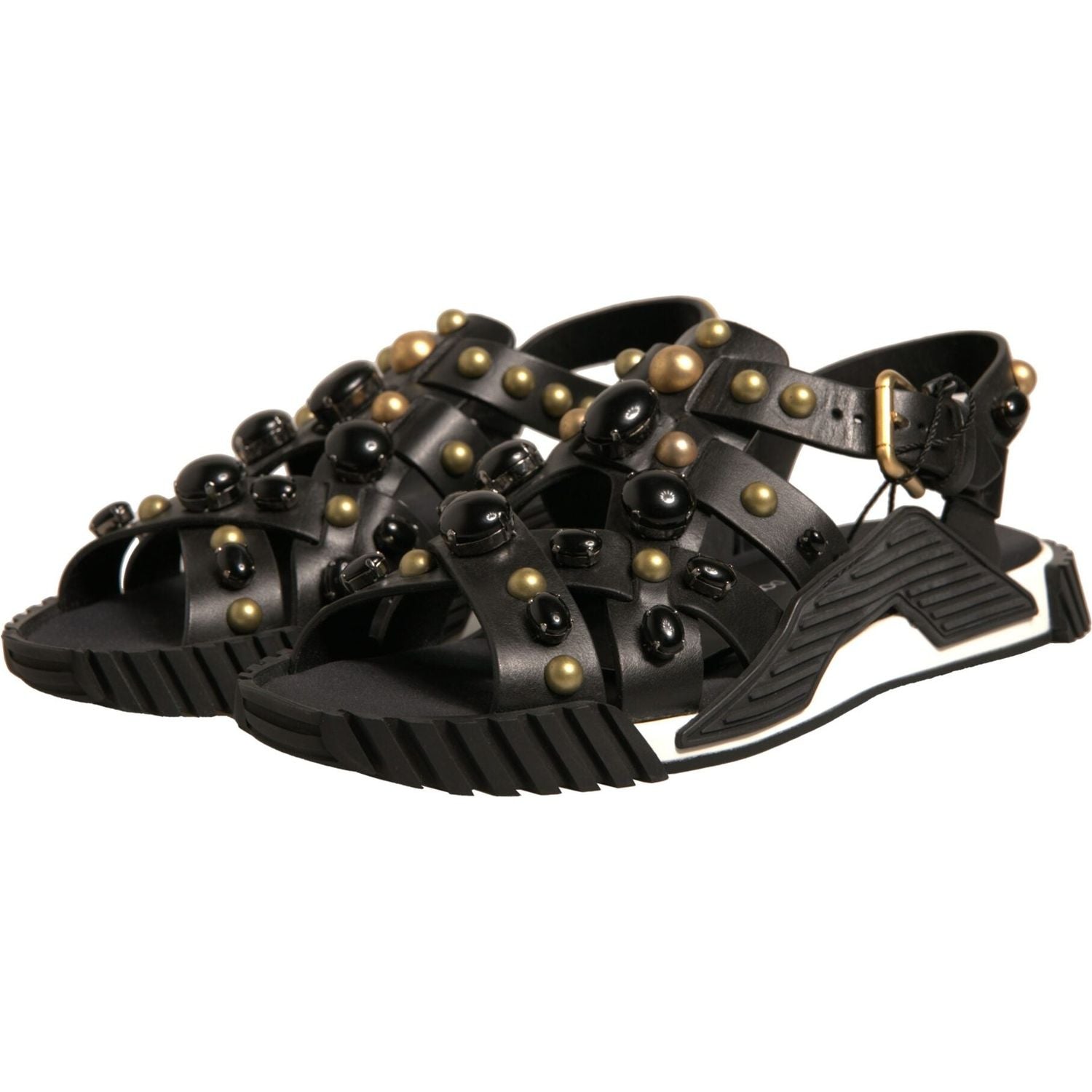 Dolce & Gabbana Black Leather Studded Slides Sandals Shoes