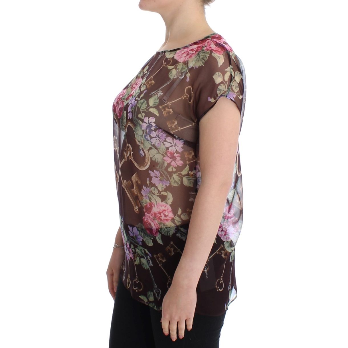 Dolce & Gabbana Black Key Floral Print Silk Blouse T-shirt
