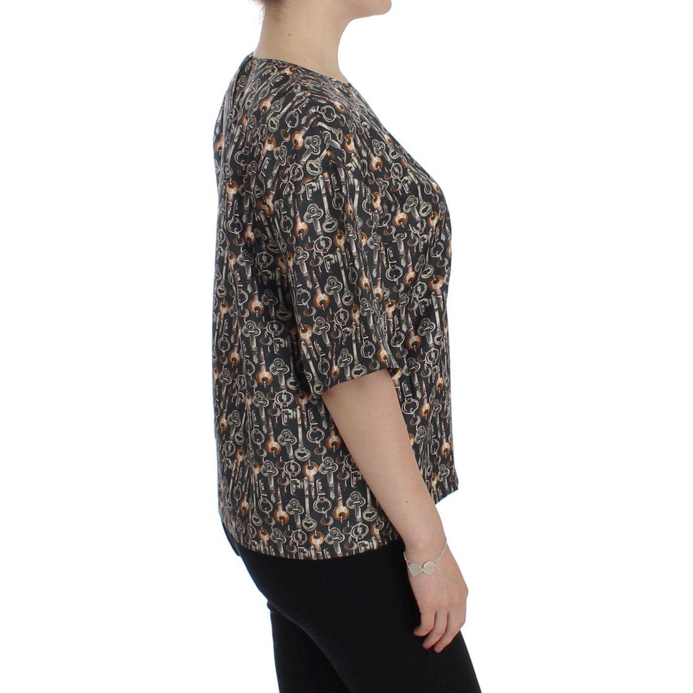Dolce & Gabbana Gray Gold Key Print Silk Blouse T-shirt