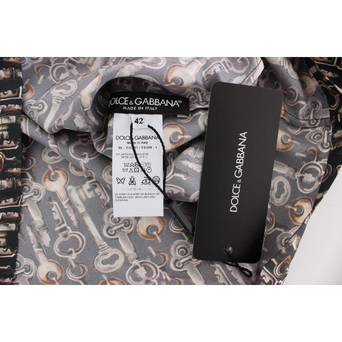 Dolce & Gabbana Gray Gold Key Print Silk Blouse T-shirt
