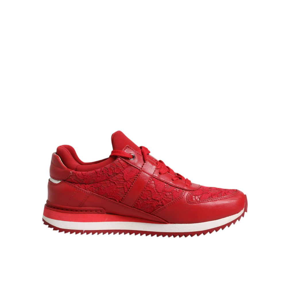 Dolce & Gabbana Red Floral Lace Leather Sneakers Shoes