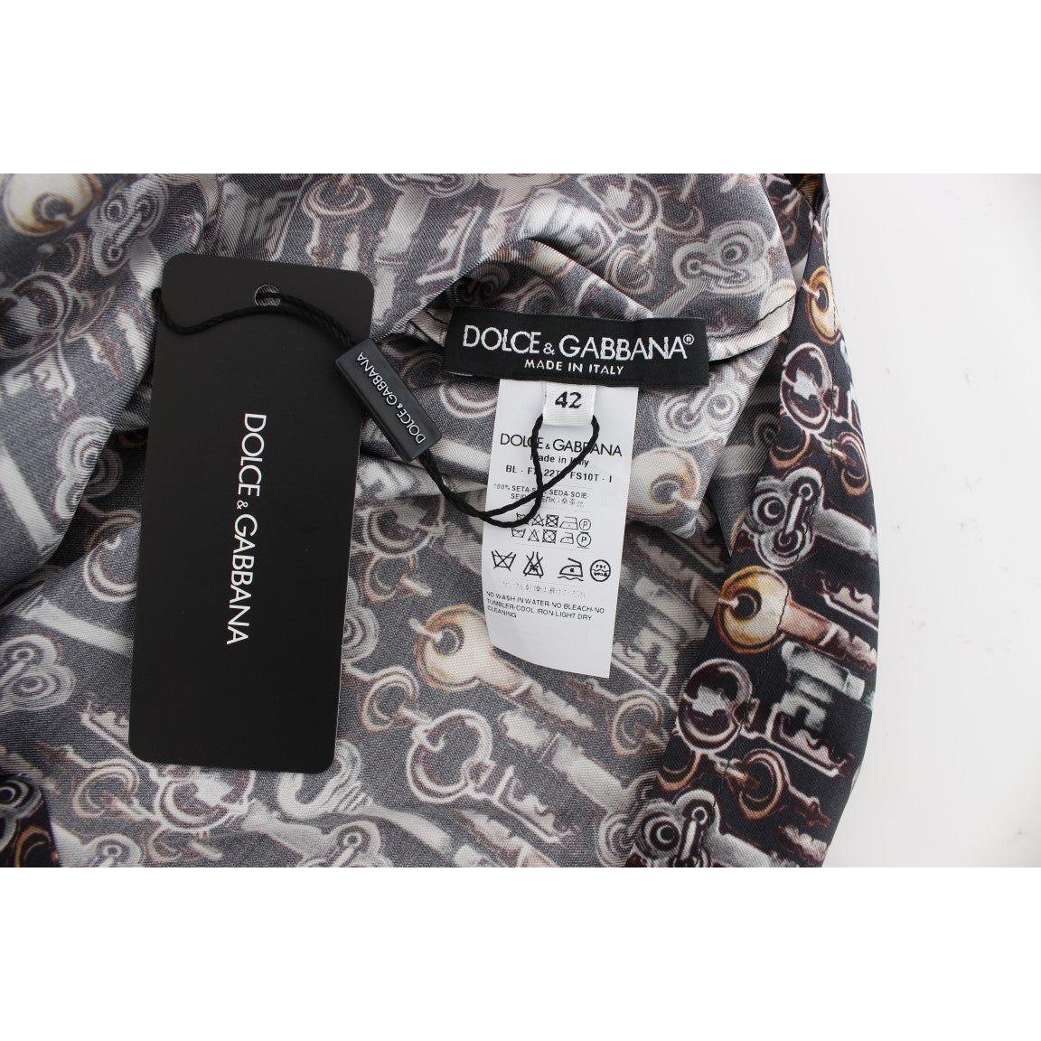 Dolce & Gabbana Gray Gold Key Print Silk Blouse T-shirt