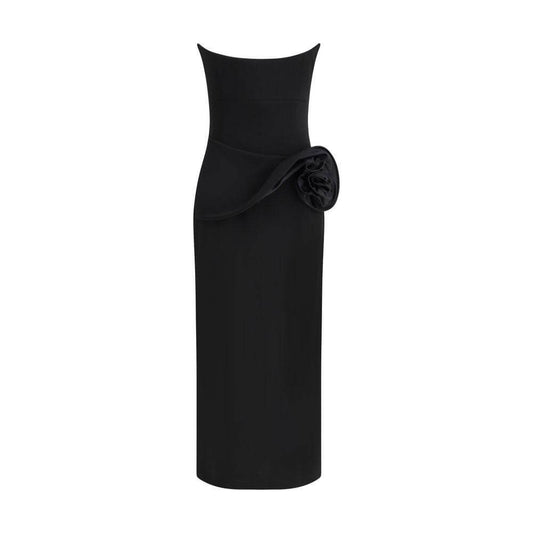 Magda Butrym long evening dress with sleeveless design, rigid bodice, 3D rose detail, back zip, and side slit for an elegant silhouette.