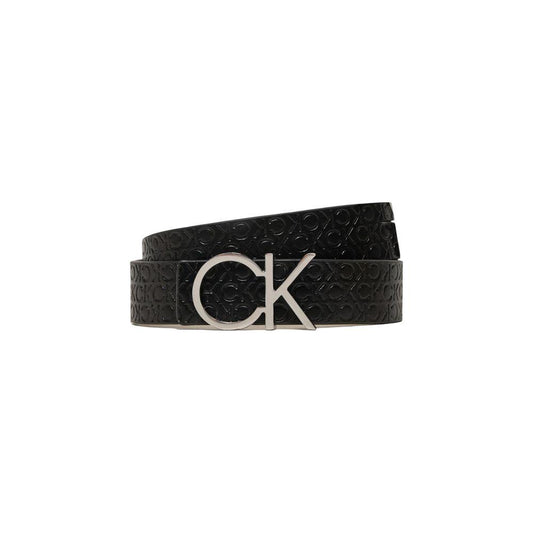 Calvin Klein black leather reversible belt with CK logo buckle, elegant design, perfect accessory for versatile fashion.