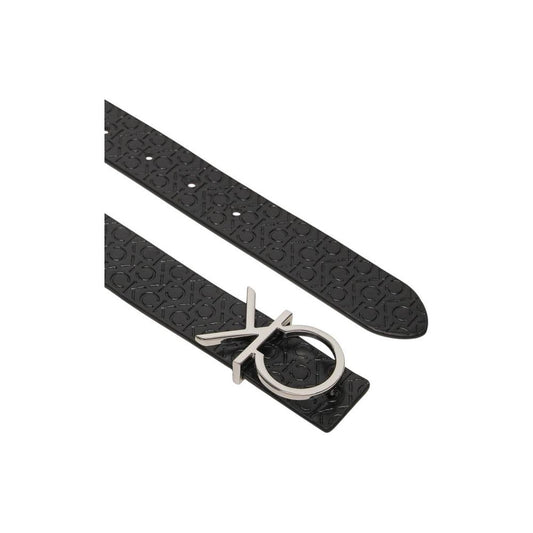 Calvin Klein black leather belt with CK logo buckle, reversible design, elegant accessory for versatile style and various occasions.