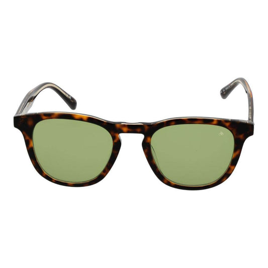Brown metal frame round sunglasses with green plastic lenses, full-rim style, 100% UVA & UVB protection.