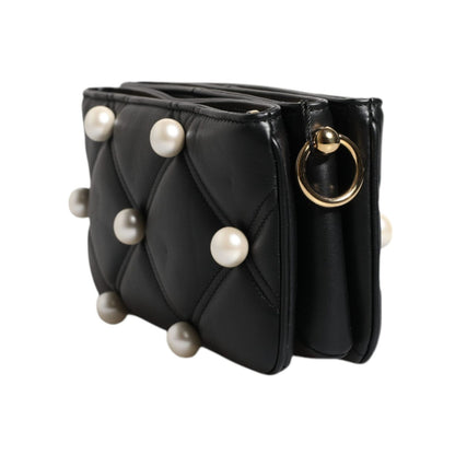 Dolce & Gabbana Black Leather Pearl Embellished Logo Shoulder Bag