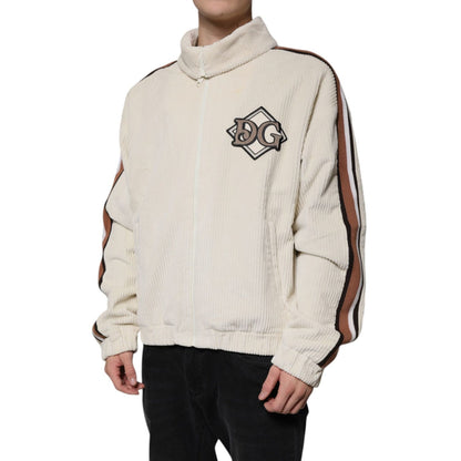 Dolce & Gabbana Beige Logo Applique Cotton Corduroy Full Zip Jacket