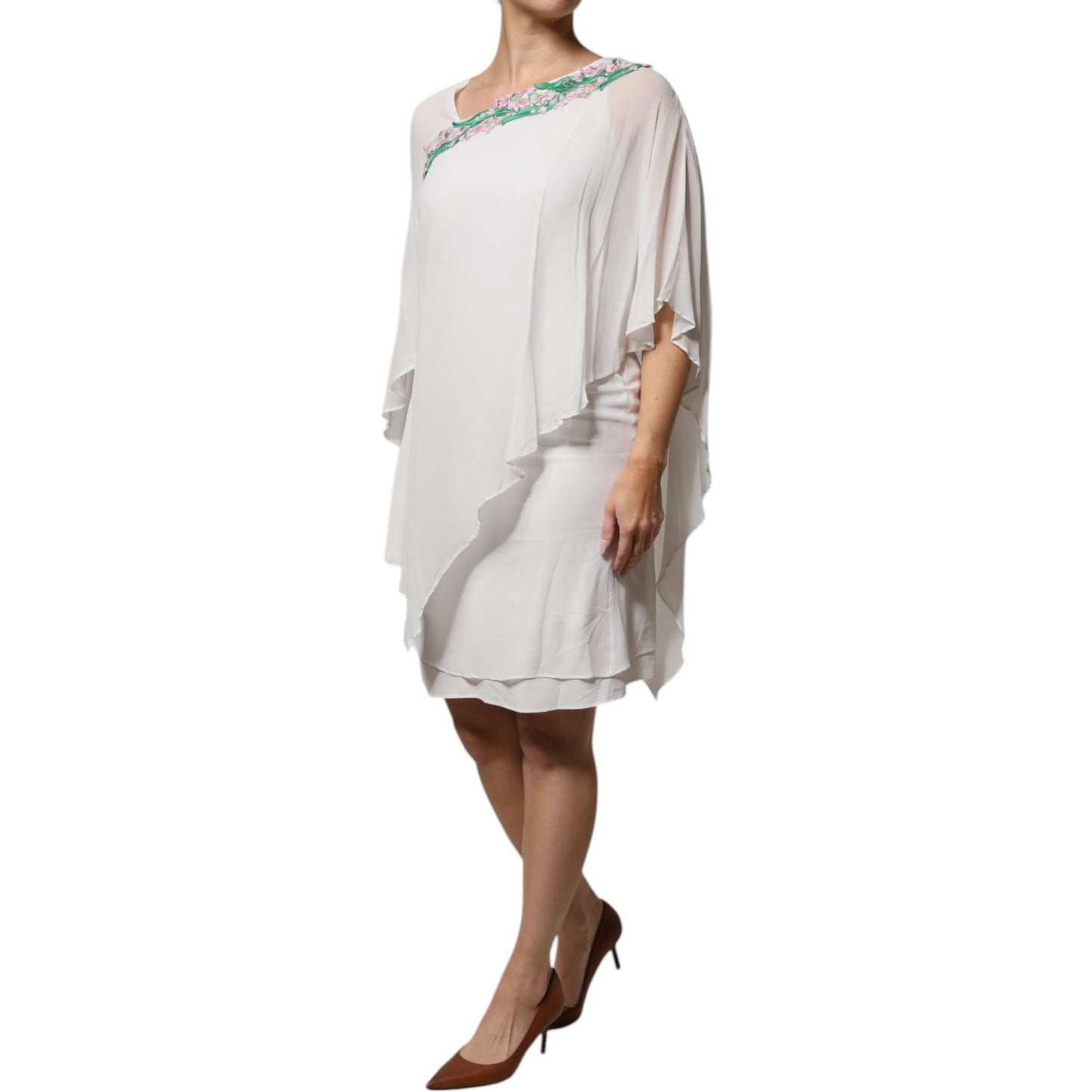Blumarine White Floral Embroidery Viscose Chiffon Shift Dress