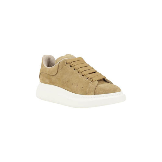Alexander McQueen suede leather sneakers with platform sole, lace-up front, and logo details for a stylish and bold look.