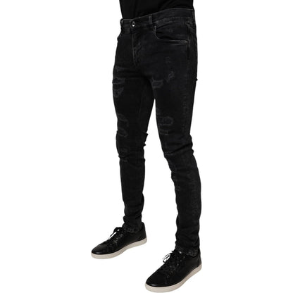 Dolce & Gabbana Black Tattered Cotton Skinny Men Denim Jeans