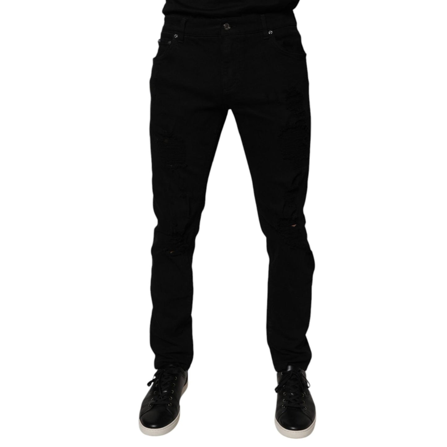 Dolce & Gabbana Black Tattered Cotton Skinny Men Denim Jeans