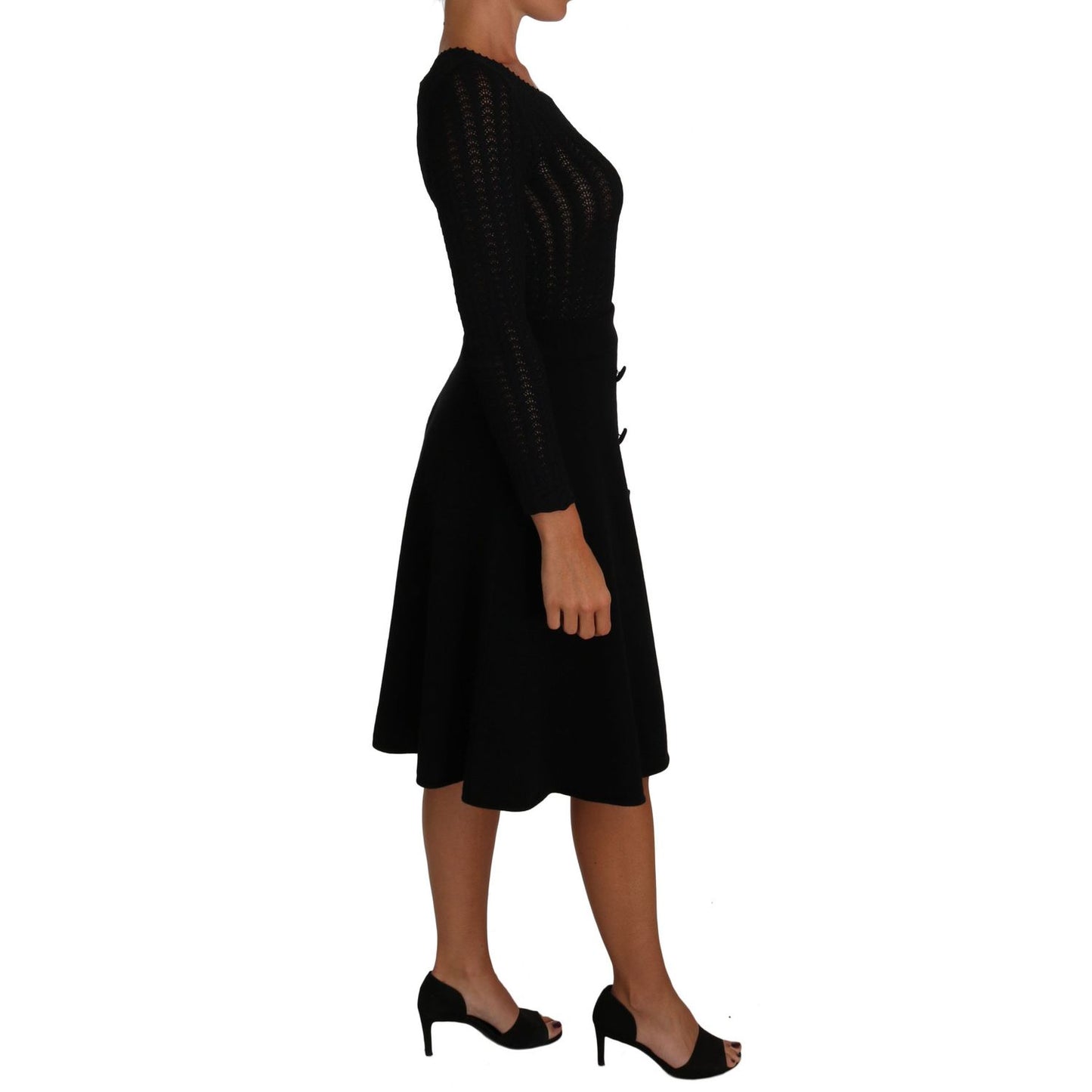 Dolce & Gabbana Black Knitted Wool Sheath Long Sleeves Dress