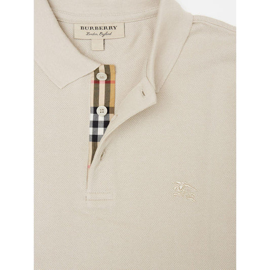 Burberry Pale Stone Cotton Polo Shirt with collar and logo, featuring plaid button detail. Short sleeve, regular fit, made in Thailand.