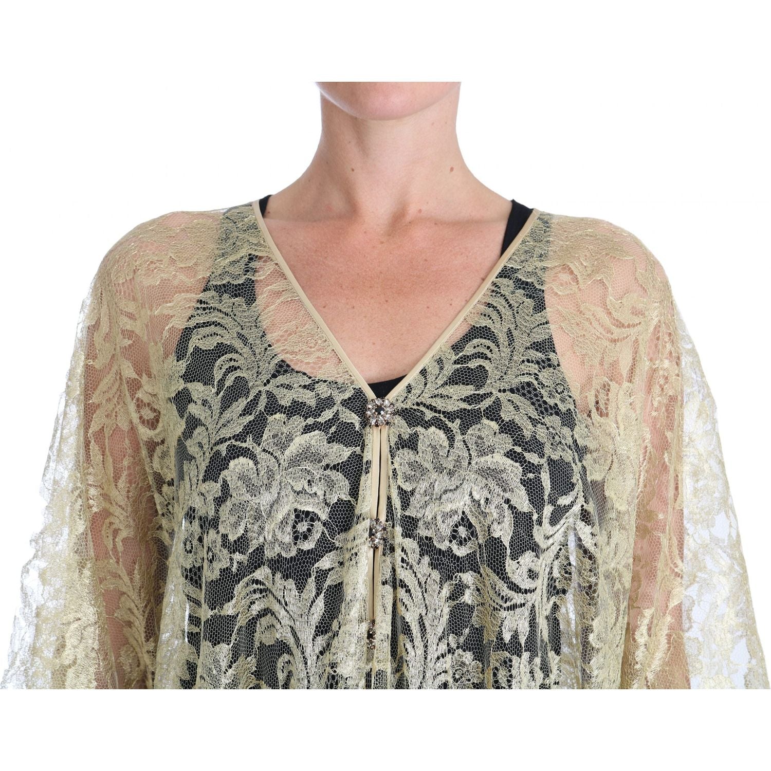 Dolce & Gabbana Gold Floral Lace Crystal Gown Cape Dress