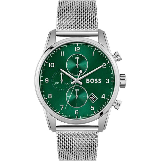 Hugo Boss silver stainless steel quartz watch with green dial and mineral glass, featuring analog display and pressure closure.
