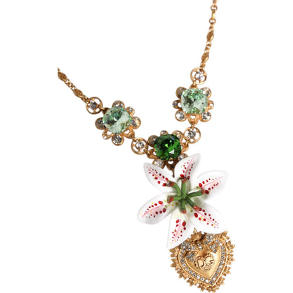 Dolce & Gabbana Gold Brass Lily Crystal Sacred Heart Pendant Necklace