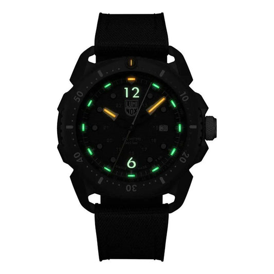 Luminox black rubber watch with glowing analog dial, black carbon case, sapphire glass, water-resistant up to 20ATM.