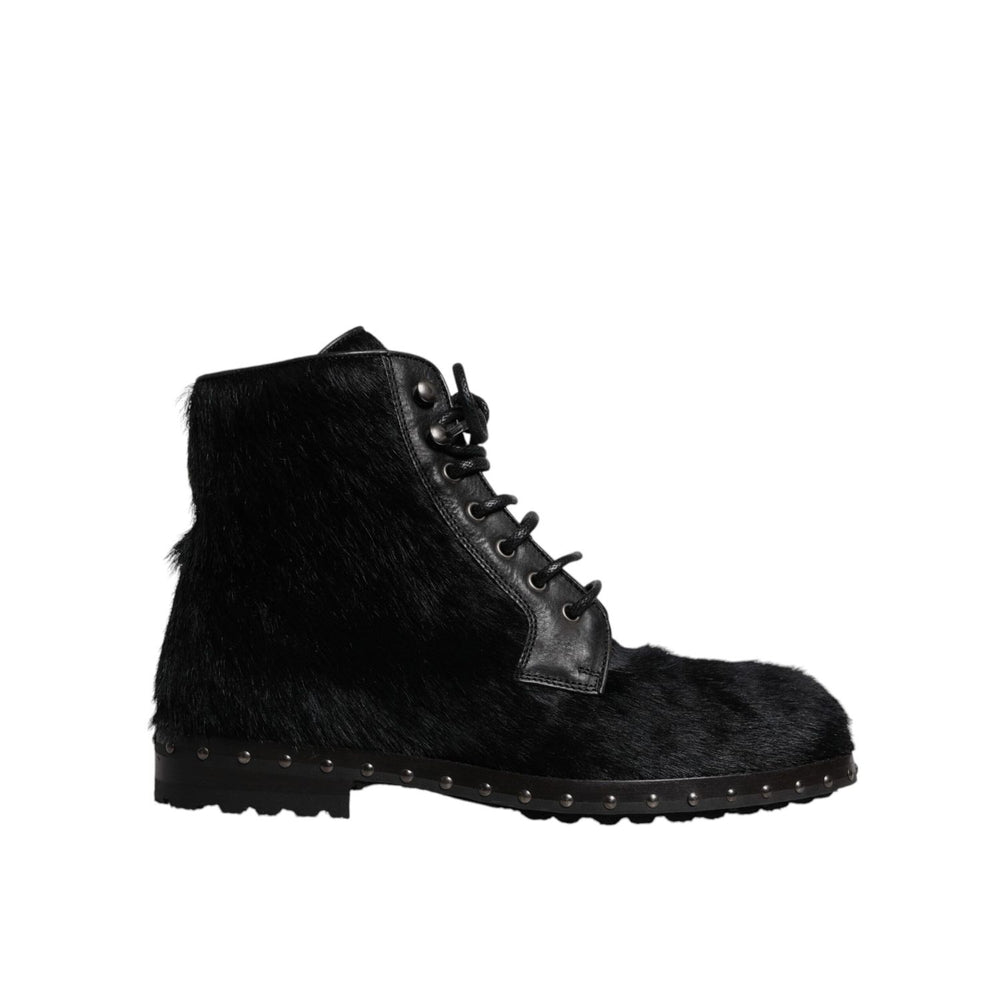 Dolce & Gabbana Black Pony Style Leather Mid Calf Boots Shoes