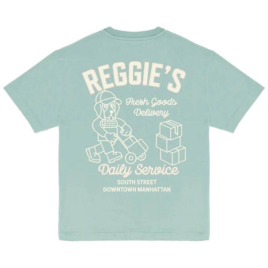 Refrigiwear green cotton t-shirt with crewneck, featuring graphic print "Reggie's Fresh Goods Delivery" on back.