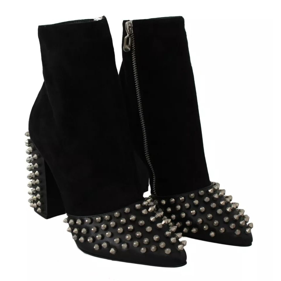 Philipp Plein Black Suede Studded Heels Ankle Boots Shoes