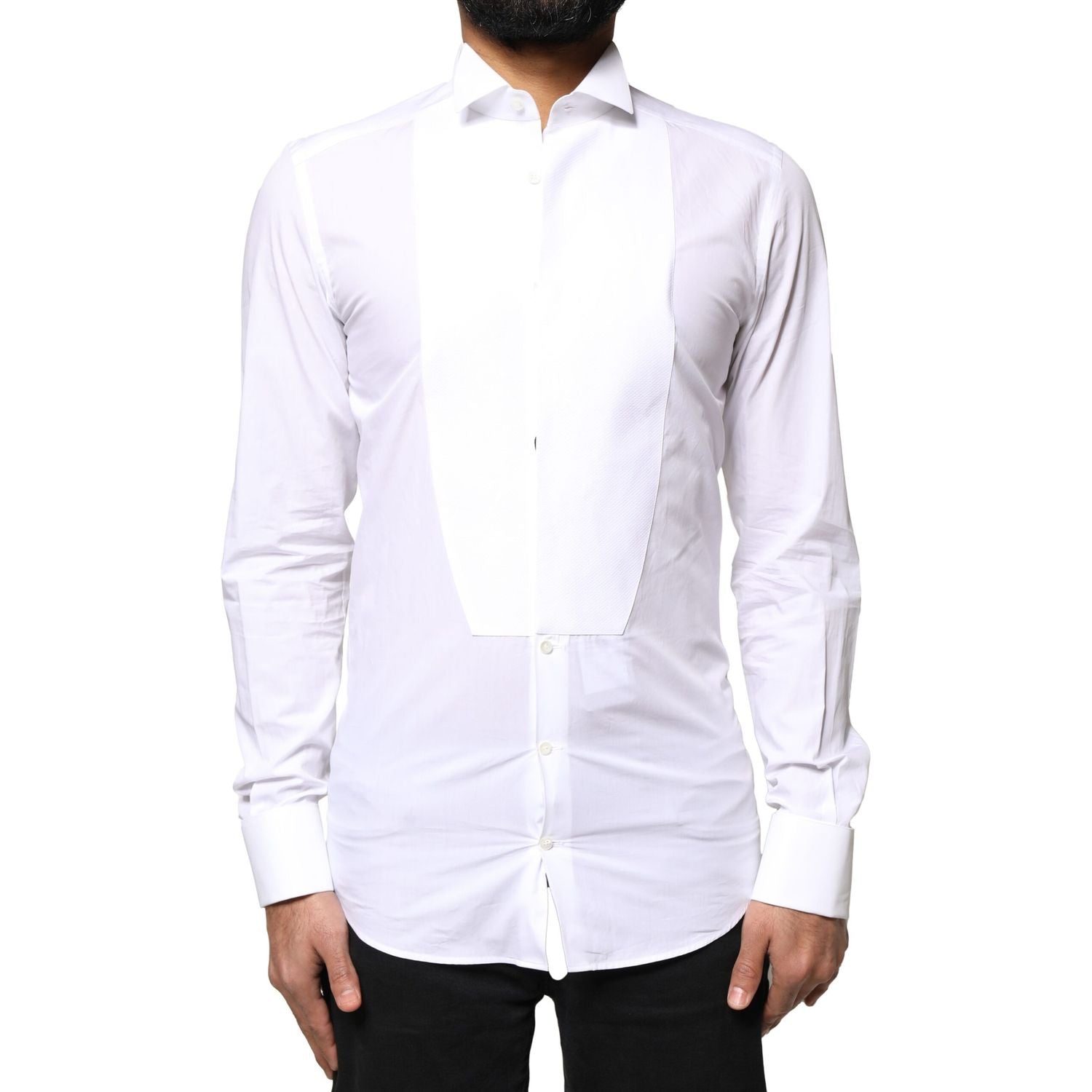 Dolce & Gabbana White GOLD Cotton Poplin Bib Formal Men Dress Shirt