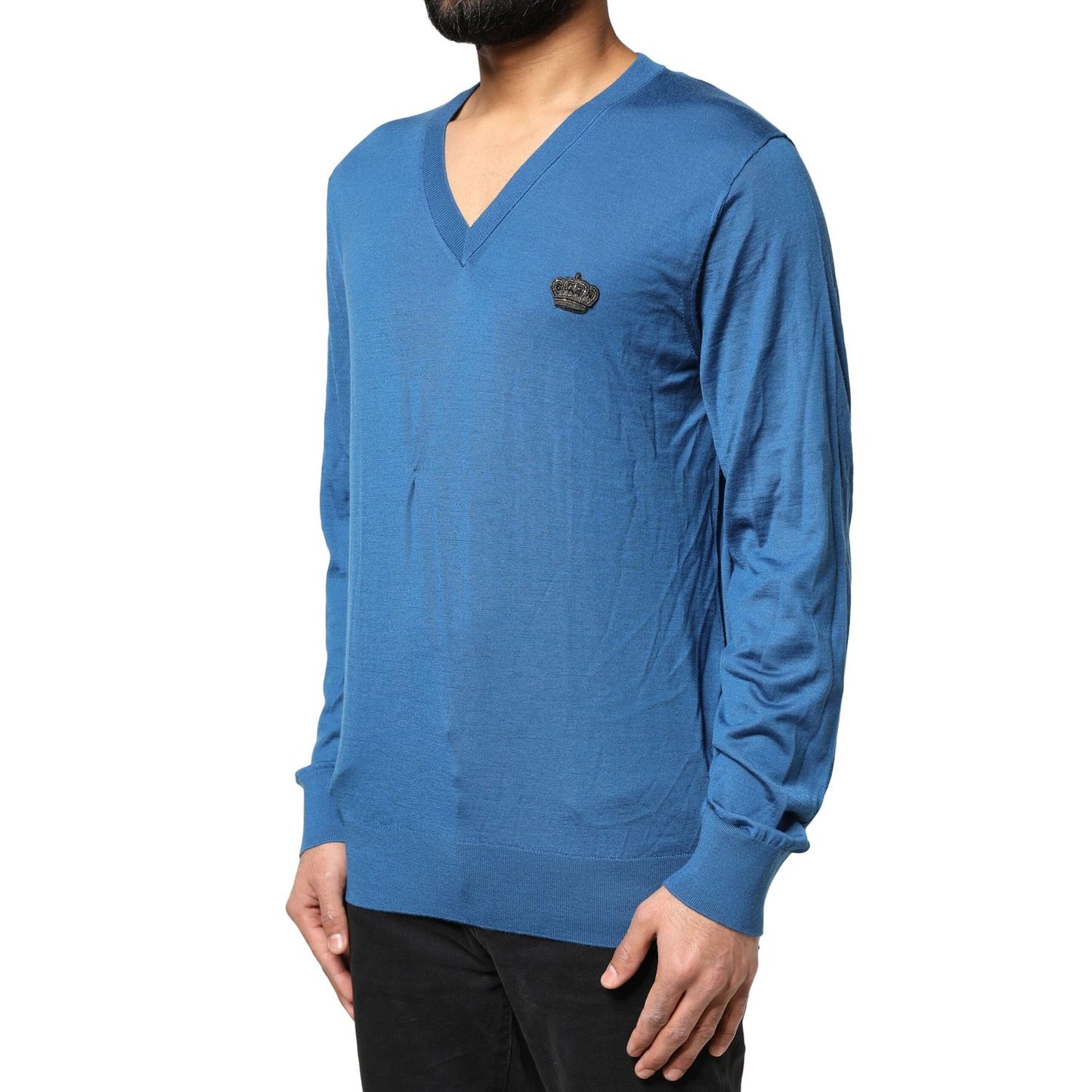 Dolce & Gabbana Blue Cashmere Crown V-neck Pullover Sweater