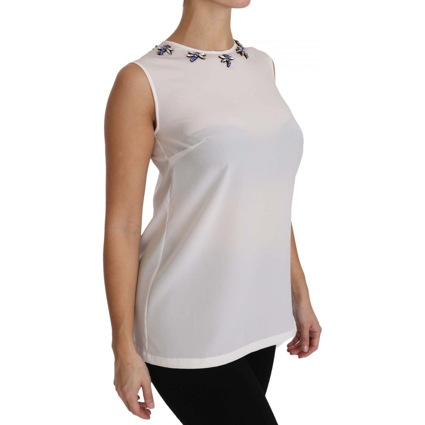 Dolce & Gabbana White Silk Embellished Crystal Dragonfly Top