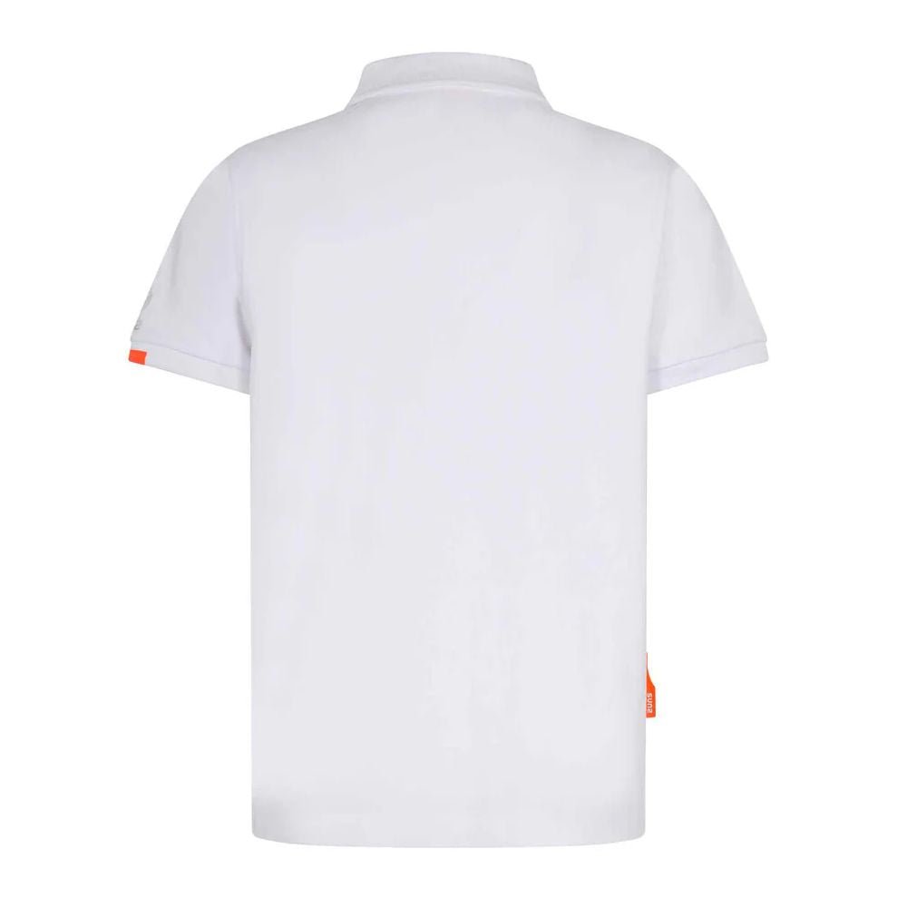 Back view of Suns White Cotton Polo Shirt with ribbed collar and logo on sleeve, featuring front button closure.