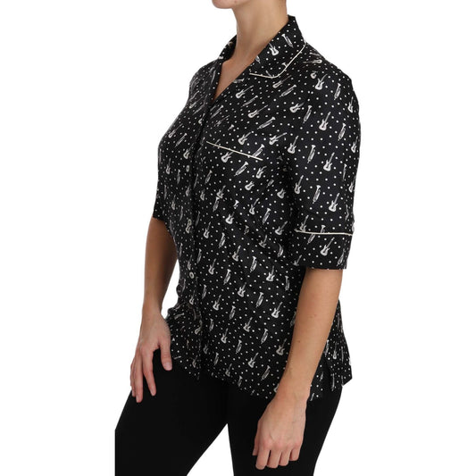 Dolce & Gabbana Black GuitarTrumpet Print Silk Shirt Top