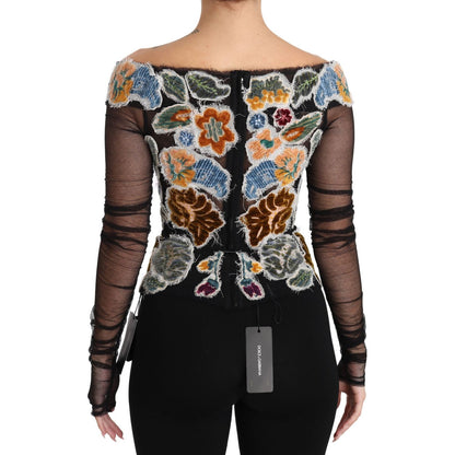 Dolce & Gabbana Black Floral Ricamo Top T-shirt Blouse