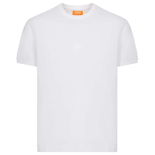 White cotton crew neck t-shirt by Suns with elasticated sleeves and logo on left sleeve.