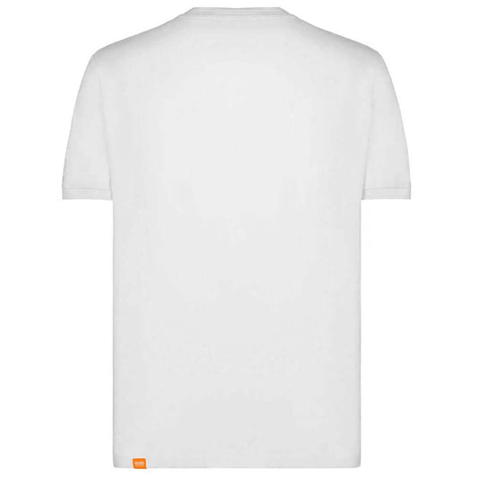 Back view of Suns white cotton T-shirt with crew neck and elasticated sleeves, featuring logo on the left sleeve.