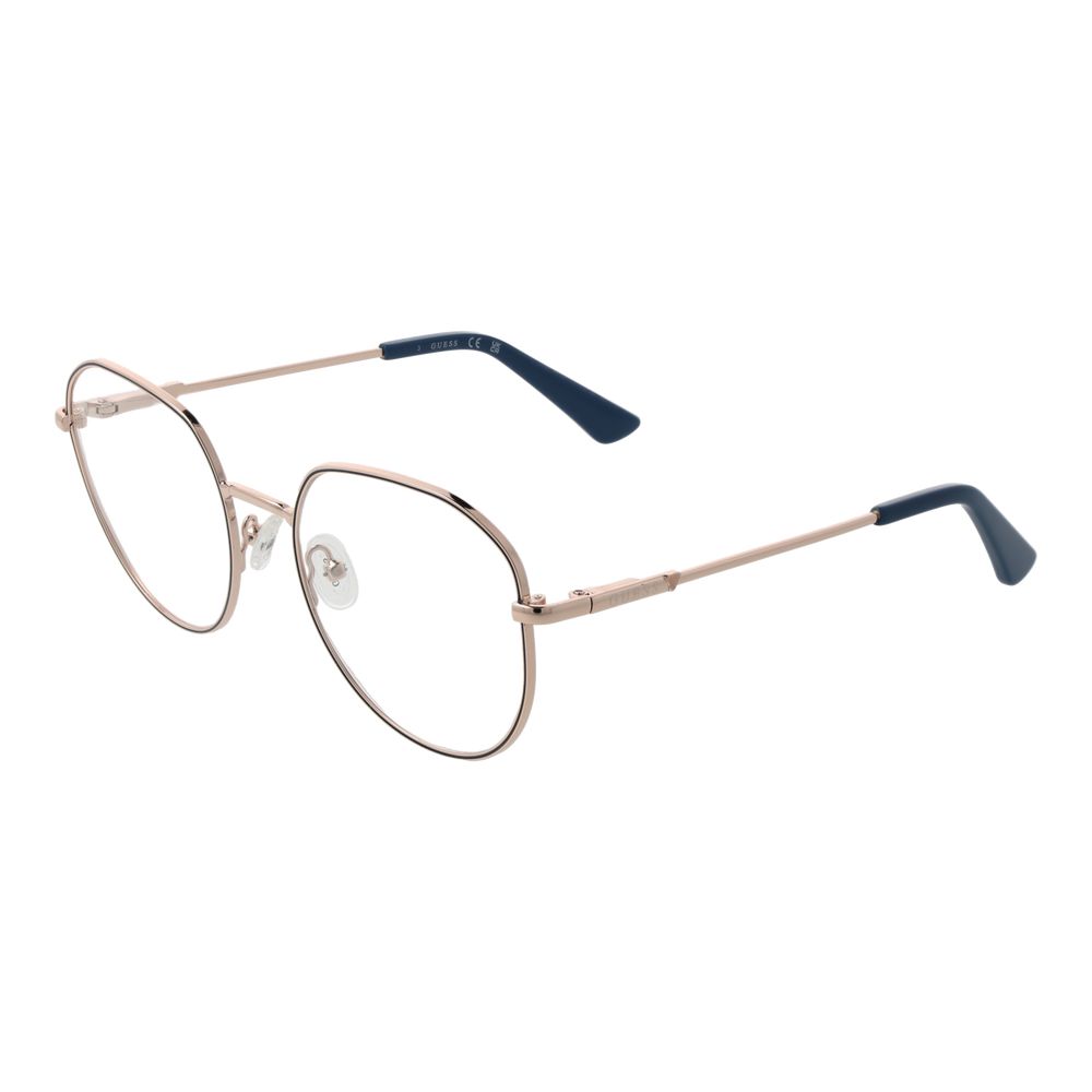 Guess Rose Gold Women Glasses Frame with metal full-rim style, round lenses, and spring hinge. Includes branded case. Lens width 53mm.