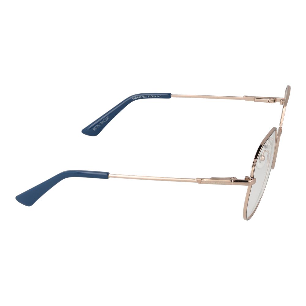 Side view of Guess Rose Gold Women Glasses Frame, full-rim round style with blue temples and metal frame. Perfect for stylish eyewear lovers.