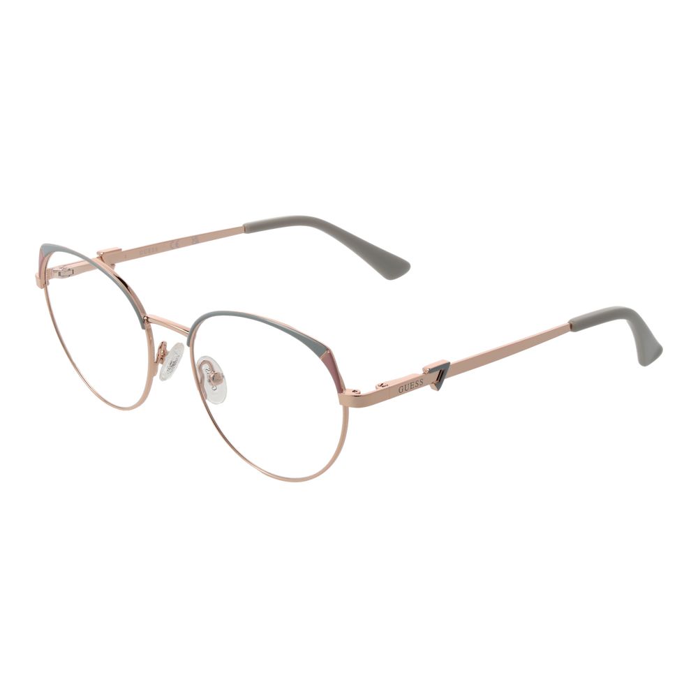 Alt Tag: Guess Rose Gold Women Glasses Frame, round metal full-rim with demo lenses, stylish and elegant design for women.