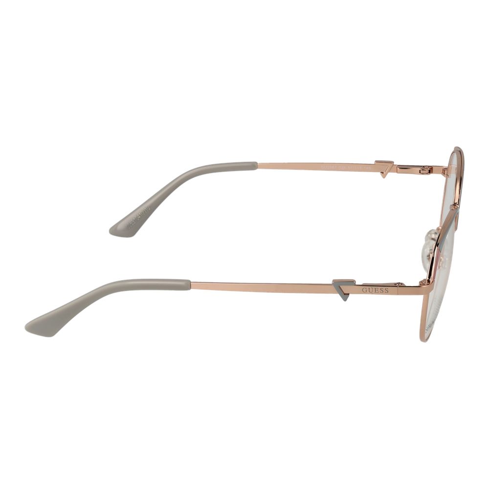 Alt Tag: Side view of Guess Rose Gold Women Glasses Frame in full-rim metal with demo lenses and spring hinge, 140 temples length.