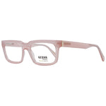 Guess Pink Women Glasses Frame in full-rim rose plastic with demo lenses, featuring a rectangle style for women. Includes branded case.