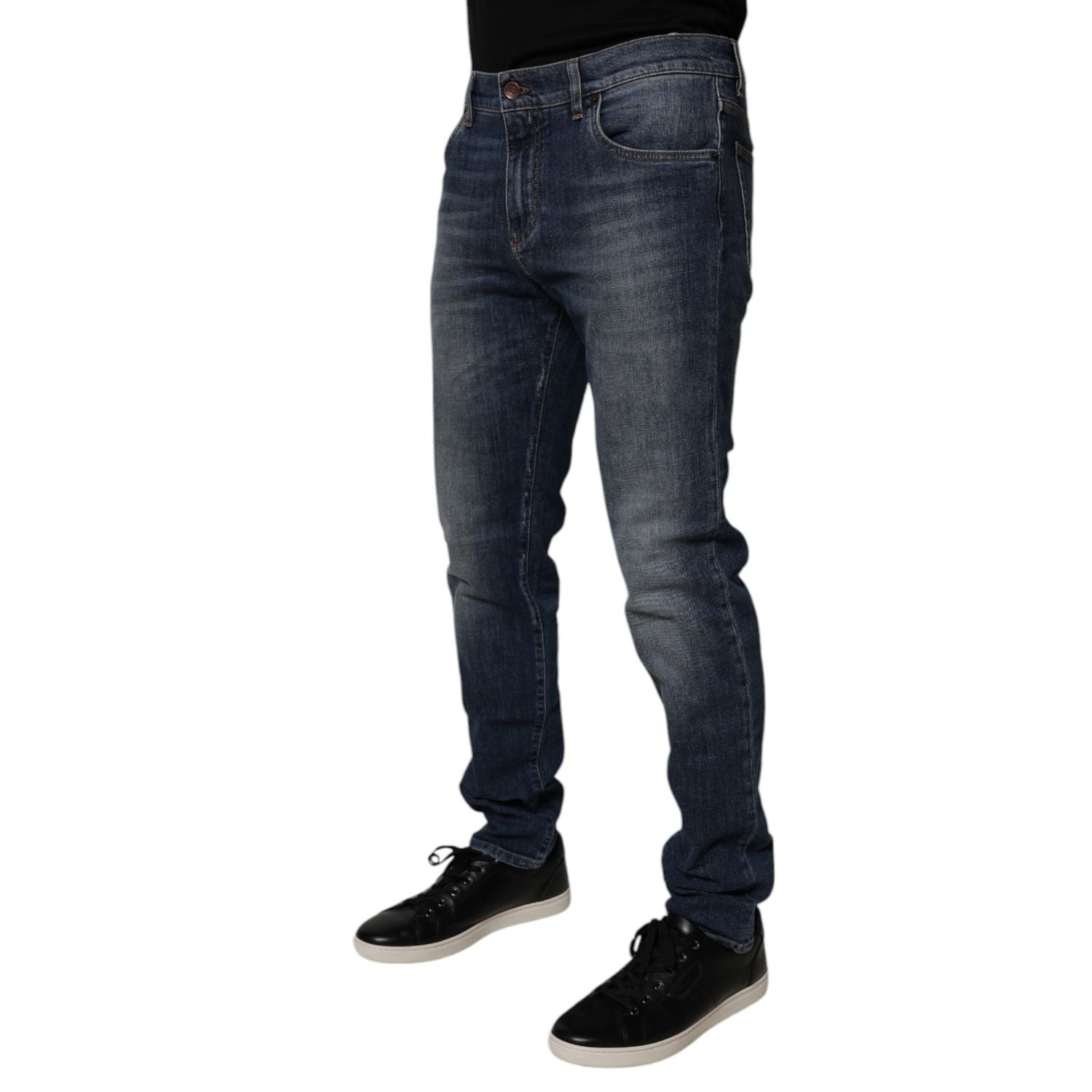 Dolce & Gabbana Dark Blue Cotton Leather Skinny Denim Jeans
