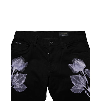 Dolce & Gabbana Black Floral Cotton Skinny Men Denim Jeans