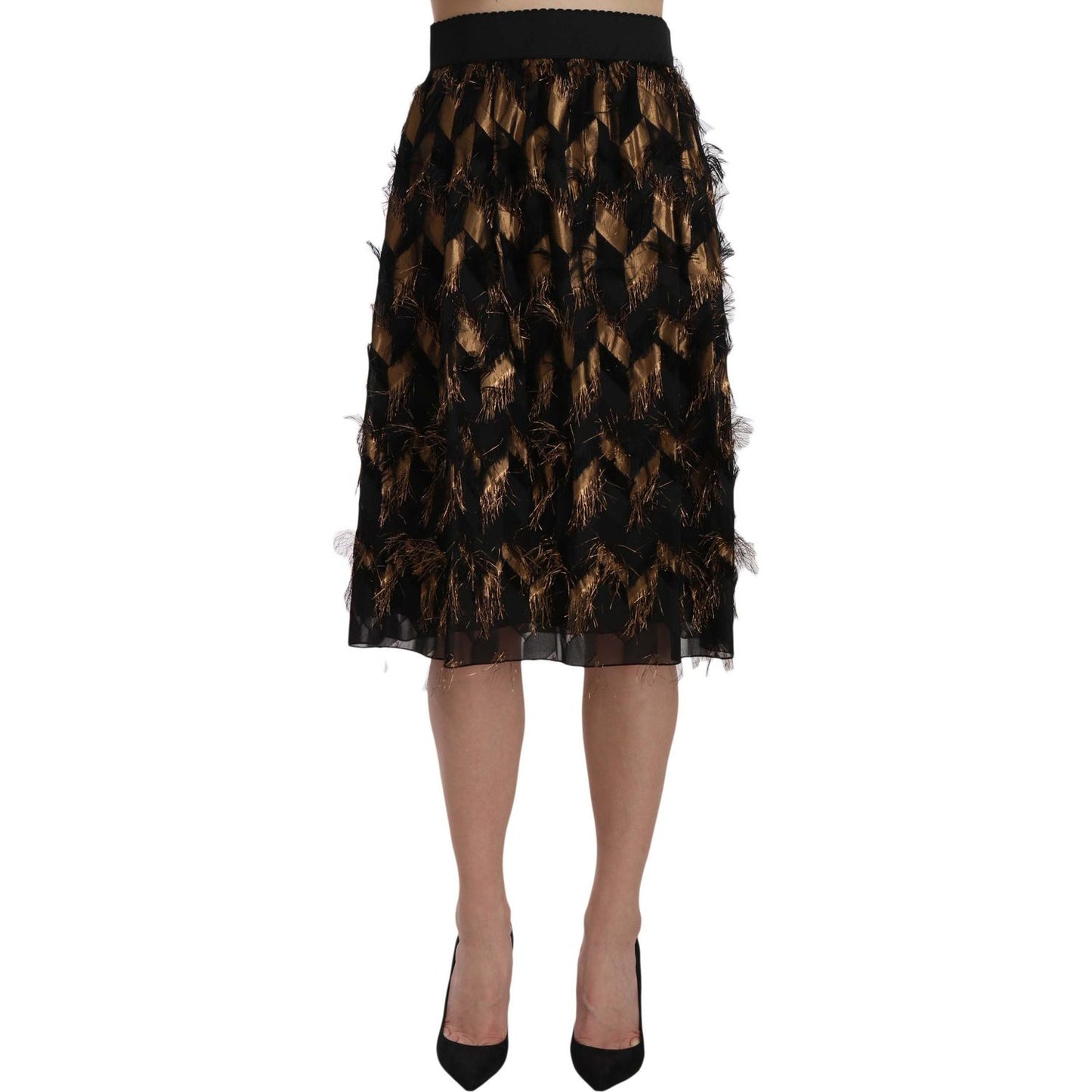 Dolce & Gabbana Black Gold Fringe Metallic Pencil A-line Skirt