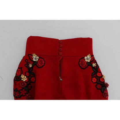 Dolce & Gabbana Red Silk Crystal Roses Shorts