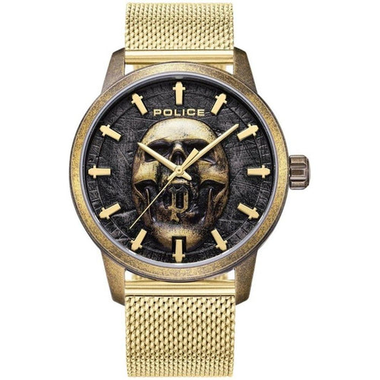 Police gold stainless steel watch with black skull dial and quartz mechanism, featuring a gold mesh bracelet, water resistant to 5ATM.