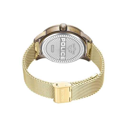 Back view of Police gold stainless steel watch with mesh bracelet and engraved logo on the case, quartz mechanism, 44mm dial.