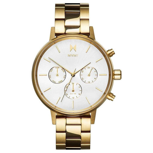 MVMT gold stainless steel watch with quartz mechanism, analog display, silver dial, and mineral glass, featuring a 38mm case.