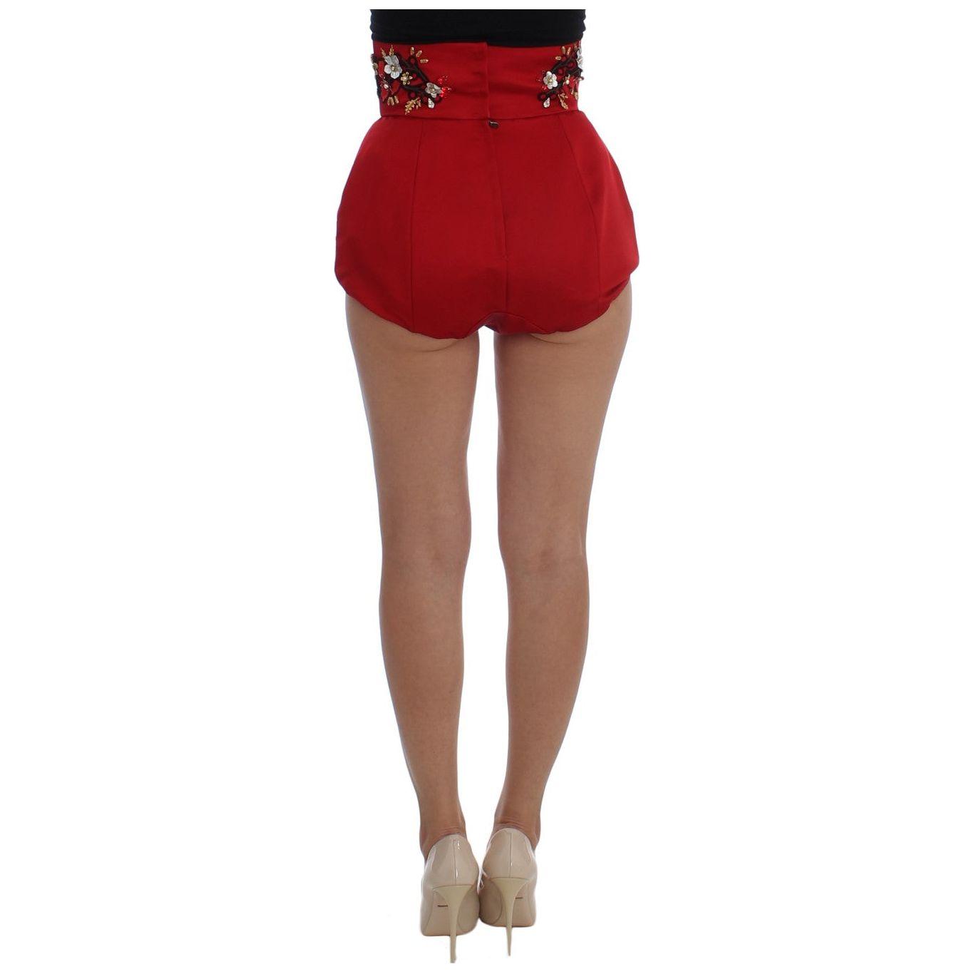 Dolce & Gabbana Red Silk Crystal-Embellished High Waist Shorts Dolce & Gabbana