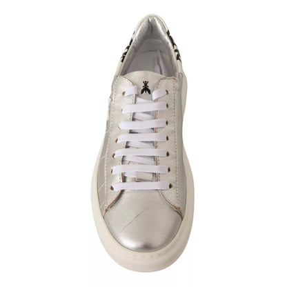 Patrizia Pepe Silver Full Grain Leather Lace Up Sneakers Shoes